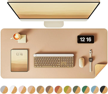 Double-Sided Desk Pad, Leather Desk Mat, Eco Cork Desk Pad Protector,Large Mouse Pad,Waterproof Desk Blotter for Office/Home