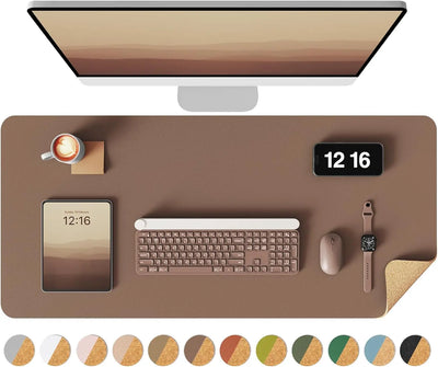 Double-Sided Desk Pad 31.5"x15.7" Leather & Eco Cork, Waterproof Desk Blotter for Office/Home, Large Mouse Pad