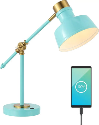18.5" Cyan/Brass Gold Adjustable Cantilever LED Task Lamp with USB Charging Port, Vintage Farmhouse Desk Lamp for Home O
