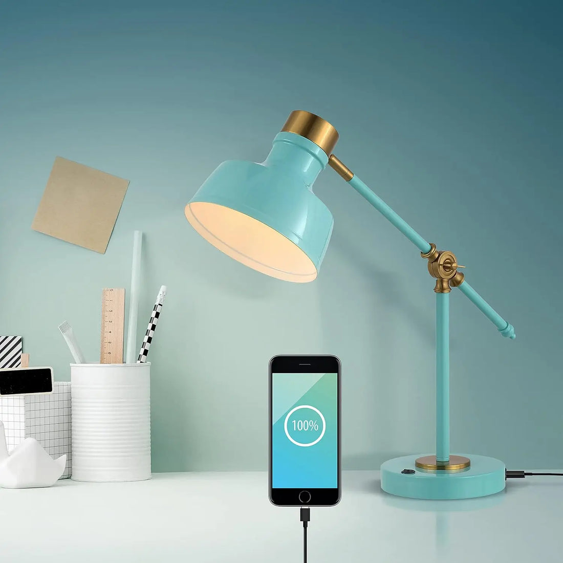 18.5" Cyan/Brass Gold Adjustable Cantilever LED Task Lamp with USB Charging Port, Vintage Farmhouse Desk Lamp for Home O
